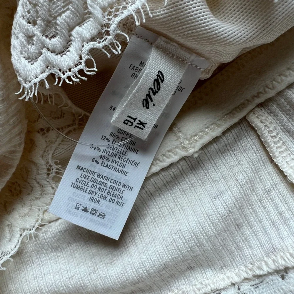 Aerie Ribbed Lace Trim Bralette Cream Wireless Longline XL 069-2694-3329 NWOT